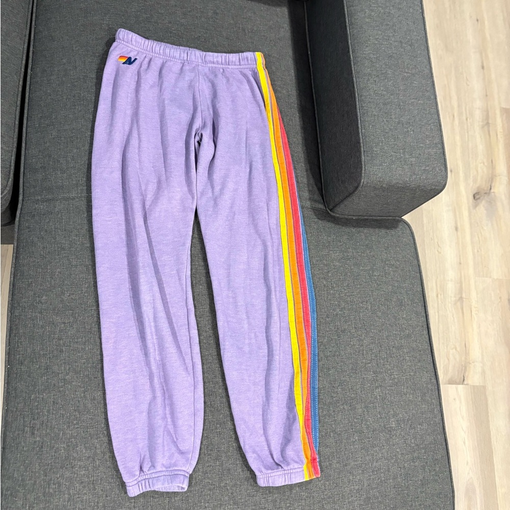 Aviator Nation Purple Sweatpants with Rainbow Stripes